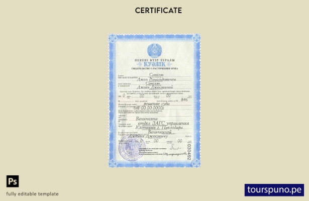 listo para imprimir plantilla de certificado de matrimonio de Kazajstán totalmen